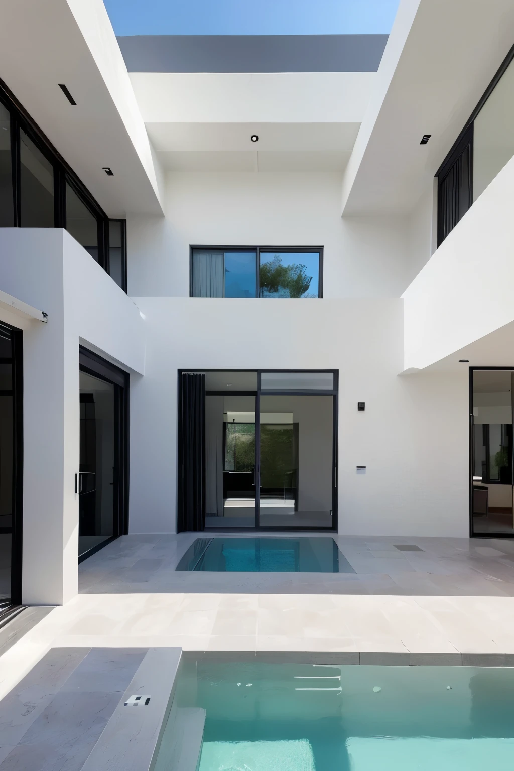 (Masterpiece, best quality), An elegant modern street-front villa, inspired by Vo Trong Nghia's architectural style, stands proudly against a clear blue sky. The predominantly white and gray color scheme is beautifully contrasted with the light-colored concrete façade, accentuated by subtle solid wood highlights. Clean lines and large windows characterize the design, allowing abundant natural light to filter in and illuminate the spacious open floor plans. The image, captured with a DSLR camera, features a sharp and well-exposed scene with an aperture of f/8, ISO 100, and a shutter speed of 1/125s, highlighting the vill