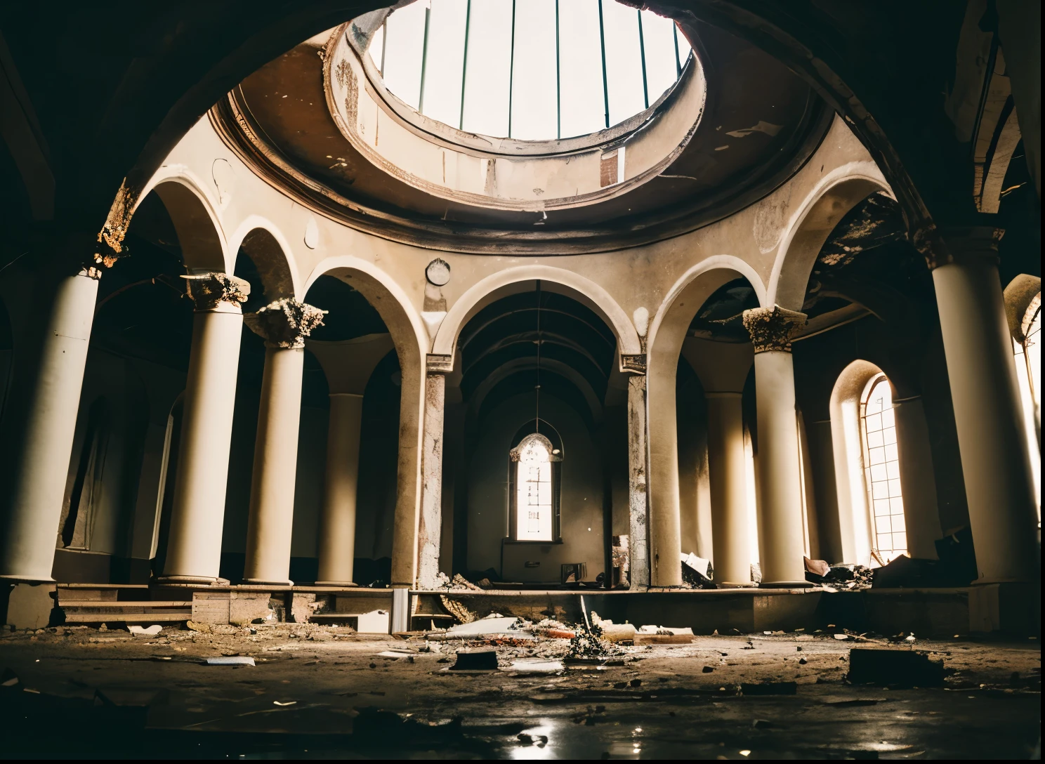 ((Destroyed)) Orthodox church interior , (underground), round, ((hole in the ceiling)), (Serious damage), round columns, light from above
