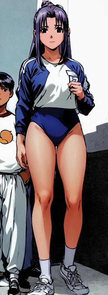 Momoko Koigakubo, with her beautiful legs, stands in a white gym uniform and light navy blue bloomers that look like .。Momoko Koigakubo is holding the shoulders of a boy wearing a tracksuit。