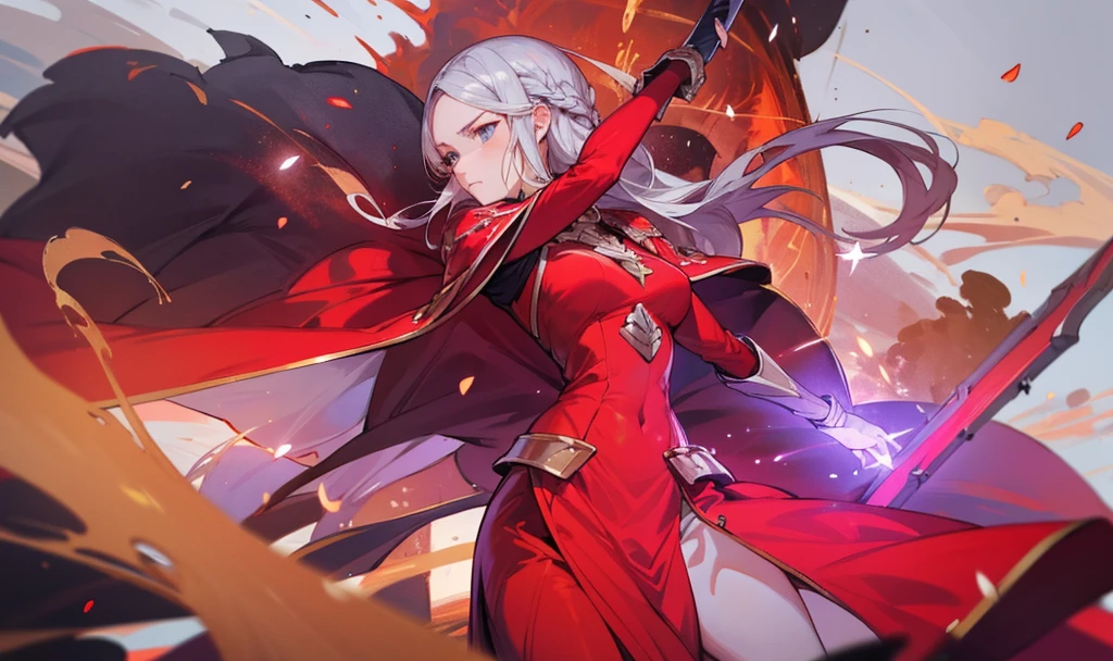 Edelgard ((Fire_Emblem)), big red dress, glowing sword, burning fire, red color, fiery red, 1female, silver hair, detailed hair, beautiful face, perfect face, big breasts, perfect body, best quality, 8k, refracted light, battle atmosphere, black particles, destruction, injured body, best quality, best resolution, anti-defect, serious face.