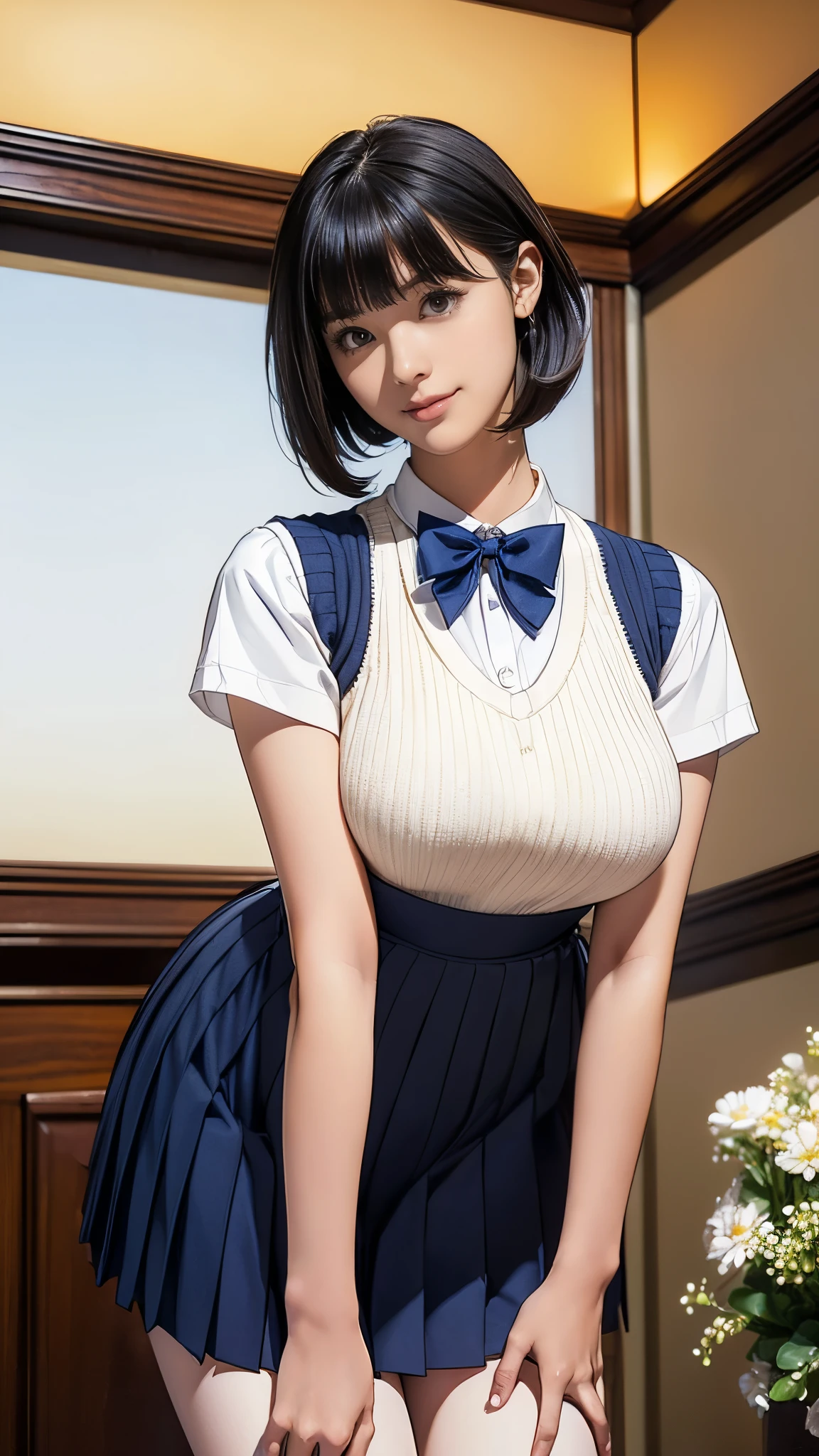 (masterpiece:1.2, Highest quality), (Realistic, photoRealistic:1.4), (Large Breasts:1.5, Saggy breasts:1.3), Beautiful illustrations, (Natural Side Lighting, Cinema Lighting), Written boundary depth, Looking at the audience, (Face Focus, Upper Body), Front view, 1 girl, Japanese, high school girl, 9 years old, Perfect Face, Symmetrical cute face, Glowing Skin, (Bob Hair:1.7,Black Hair), Asymmetrical bangs, Big eyes, Droopy eyes, long eyelashes chest), thin, Beautiful Hair, Beautiful Face, Beautiful and beautiful eyes, Beautiful clavicle, Beautiful body, Beautiful breasts, Beautiful thighs, Beautiful legs, Beautiful fingers, ((Quality fabric texture, brown knit vest, Short sleeve white collar shirt, Navy Pleated Skirt, Navy bow tie)), (Beautiful views), evening, (Inside the flower shop), Are standing, (smile, Superior, Open your mouth), (From below:1.5),(Poor visibility:1.5), (From below)