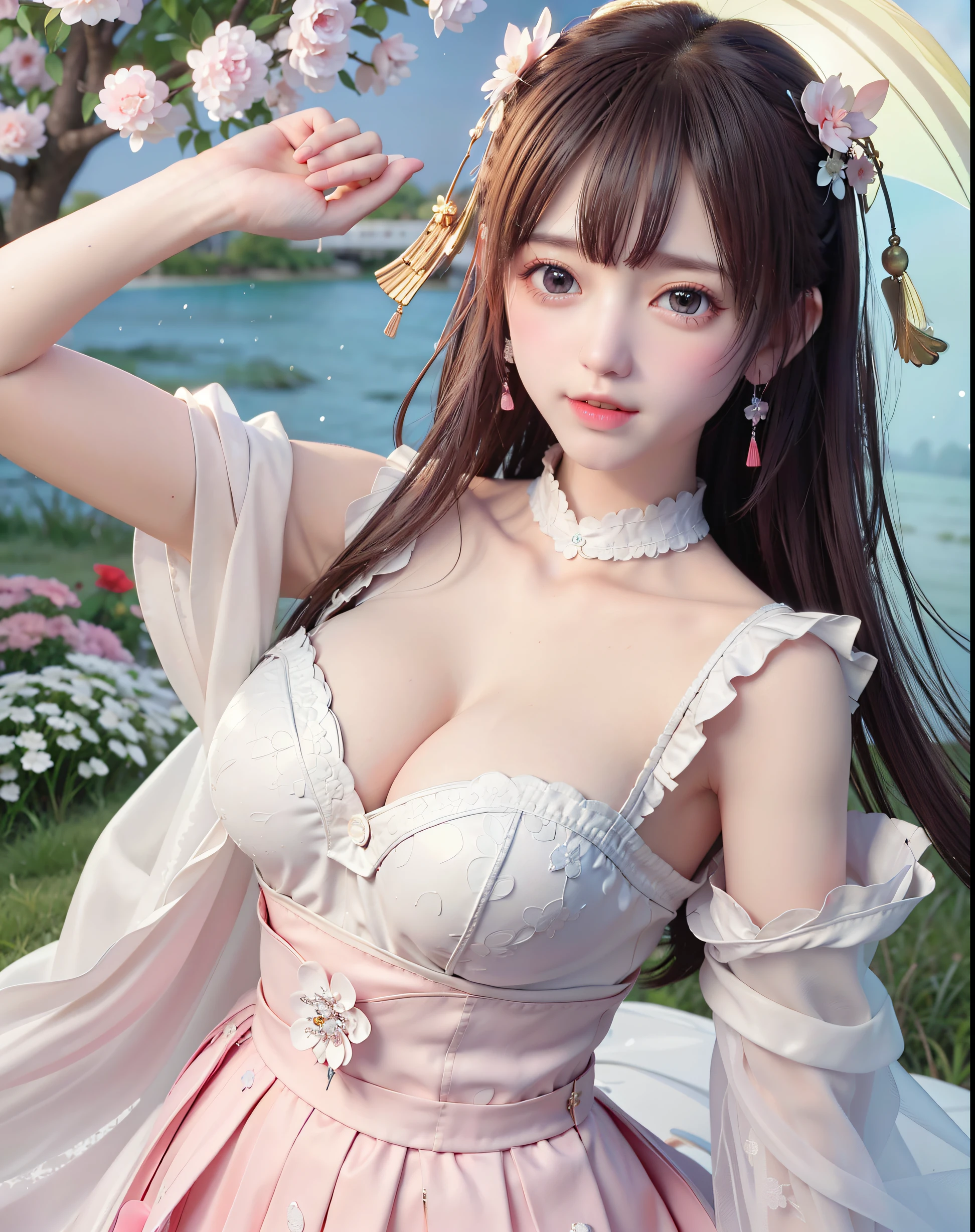 (8k, RAW photo:1.2), best quality, ultra high res,dramatic angle,(fluttered detailed color splashs), (illustration),(((1 girl))),(long hair),(rain:0.9), (Headdress:1.4),There is an ancient palace beside the girl,Hanfu,(Key Points),Color ink painting,(Splash of Color),Splash of Color,(((colorful))),(sketch:0.8) , Masterpiece, best quality, beautiful painted, highly detailed,(denoising:0.6),[splash ink],((ink refraction)), (beautiful detailed sky),moon,highly,detaild,(masterpiece, best quality, extremely detailed） CG Unity 8k Wallpaper，masterpiece，best quality，Ultra Detailed），（Lycoris）. hanfu open v open V-chested clothes Thin silk lace dress , (huge ，cleavage),, white pinkand gren，best qualtiy，tmasterpiece，Ultra-high resolution，（Reality：1.4），RAW photogr，（True skin texture：1.3），（filmgrain：1.3），（Selfie angle），1个Giant Breast Girl，Beautiful eye and face details，tmasterpiece，Best quality at best，，The chest more exposed， detailed hair, bra pink , detail 8k, upper body, lace petticoat