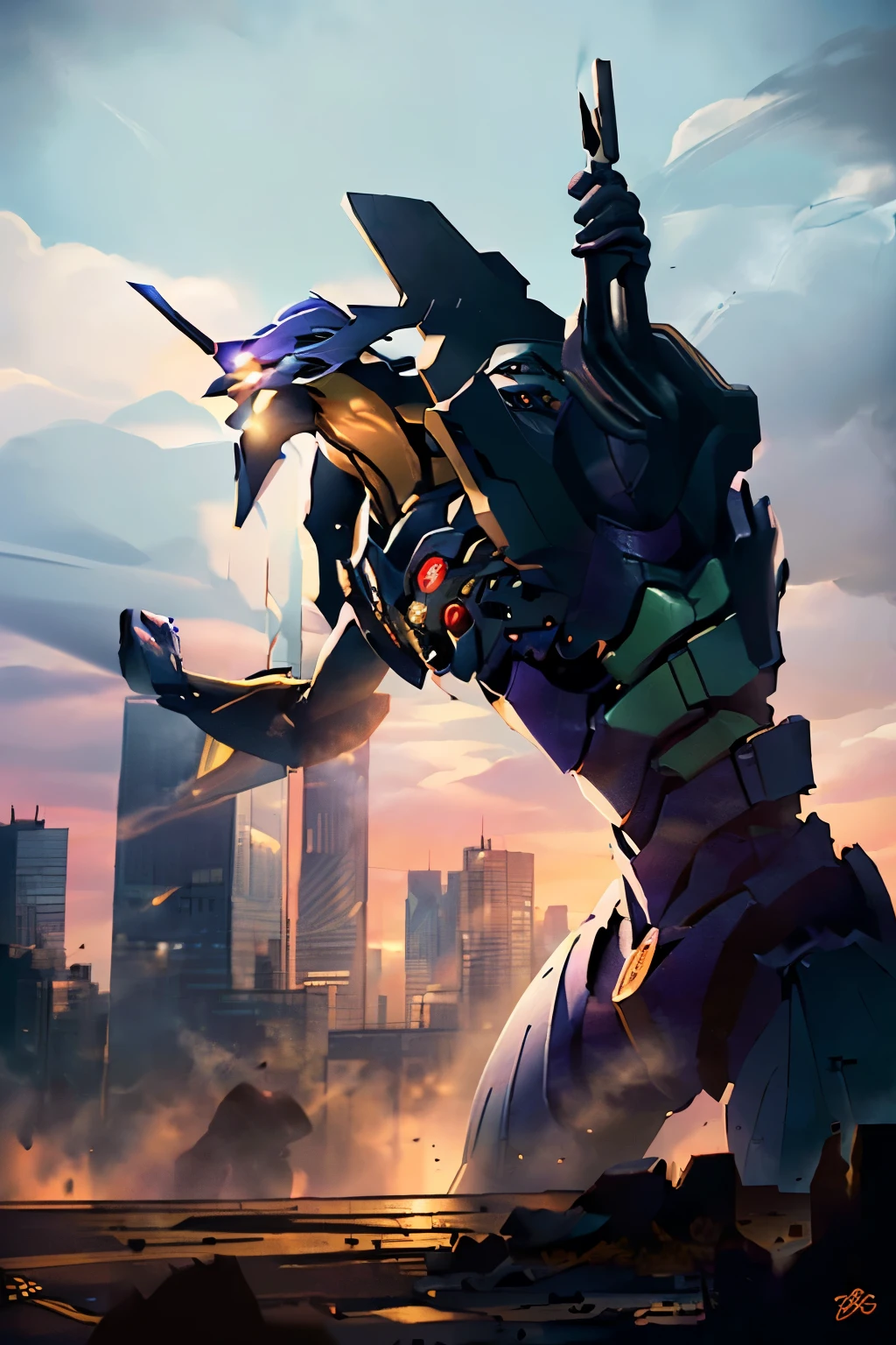 eva01, standing pose, sunset, cityscape, (best quality,4k,8k,highres,masterpiece:1.2),ultra-detailed,(realistic,photorealistic,photo-realistic:1.37),highly detailed face, beautiful detailed eyes, beautiful detailed lips, extremely detailed face, intricate mechanical armor, futuristic design, glowing energy, dramatic lighting, vivid colors, full body shot