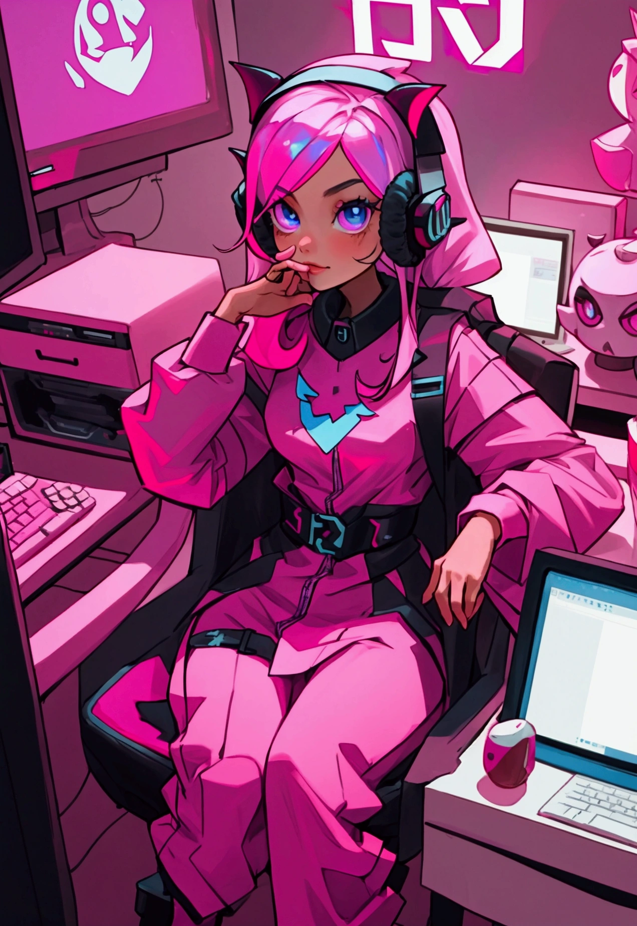 Full height, Young woman, Sitting on a computer chair, Young woman-стример, pink hair, demon cosplay, beautiful, Holding a phone in his hands, Young woman геймер, gamer headphones, gamergirl clothes