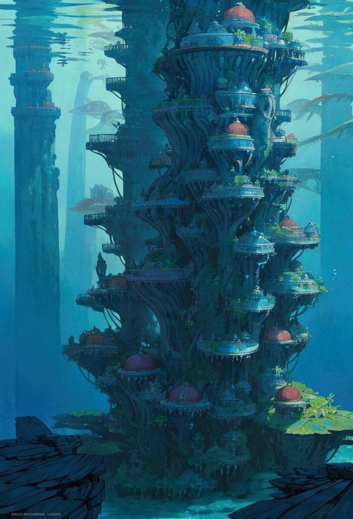 Vincent Callebaut style A futuristic fictional Underwater metropolis structure inspired from tamil architecture style underwater city,sci-fi nanowater ecosystem  flora , with thick genetically engineered forest Vegetation and foliage, farmlands and orchids, of  futuristic underwater fictional world of Kumari Kandam (Tamil: குமரிக்கண்டம், romanized: Kumarikkaṇṭam). in blue, red and Black colors