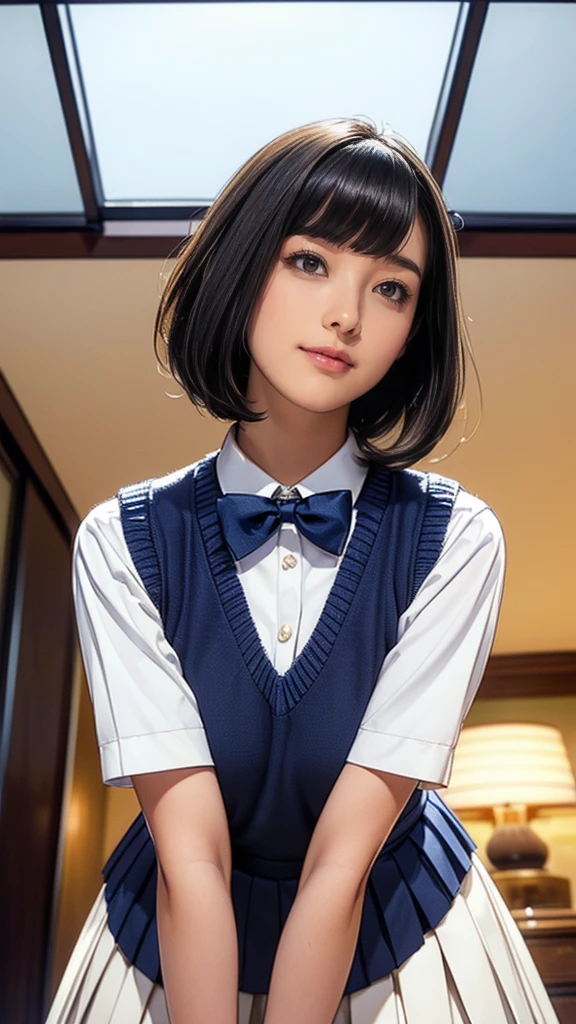 (masterpiece:1.2, Highest quality), (Realistic, photoRealistic:1.4), (Large Breasts:1.5, Saggy breasts:1.3), Beautiful illustrations, (Natural Side Lighting, Cinema Lighting), Written boundary depth, Looking at the audience, (Face Focus, Upper Body), Front view, 1 girl, Japanese, middle School girls, 12 years old, Perfect Face, Symmetrical cute face, Glowing Skin, (Bob Hair:1.7,Black Hair), Asymmetrical bangs, Big eyes, Droopy eyes, long eyelashes chest), thin, Beautiful Hair, Beautiful Face, Beautiful and beautiful eyes, Beautiful clavicle, Beautiful body, Beautiful breasts, Beautiful thighs, Beautiful legs, Beautiful fingers, ((Quality fabric texture, brown knit vest, Short sleeve white collar shirt, Navy Pleated Skirt, Navy bow tie)), (Beautiful views), evening, (Inside the flower shop), Are standing, (smile, Superior, Open your mouth), (From below:1.5),(Poor visibility:1.5), (From below)