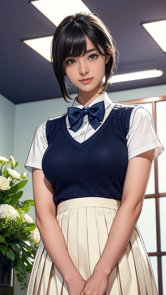 (masterpiece:1.2, highest quality), (realistic, photorealistic:1.4), beautiful illustrations, (natural side lighting, movie lighting), Depth of written boundary, 
looking at the viewer, Front view, 1 girl, English, high school girl, 20 years old, perfect face, Cute symmetrical face, shiny skin, open legs,
(bob hair:1.7,blonde), asymmetrical bangs, Big eyes, droopy eyes, long eyelashes chest), thin, 
beautiful hair, beautiful face, fine and beautiful eyes, beautiful clavicle, beautiful body, beautiful breasts, beautiful thighs, beautiful feet, beautiful fingers, 
((fine fabric texture, brown knit vest, short sleeve white collar shirt, navy pleated skirt, Navy bow tie)), 
(beautiful scenery), evening, (Inside the flower shop), Are standing, (smile, Upper grade, open your mouth),  (((skirt lift, panties, genitals visible))), full body shot, dark blue socks, sexy face, inverted nipples,