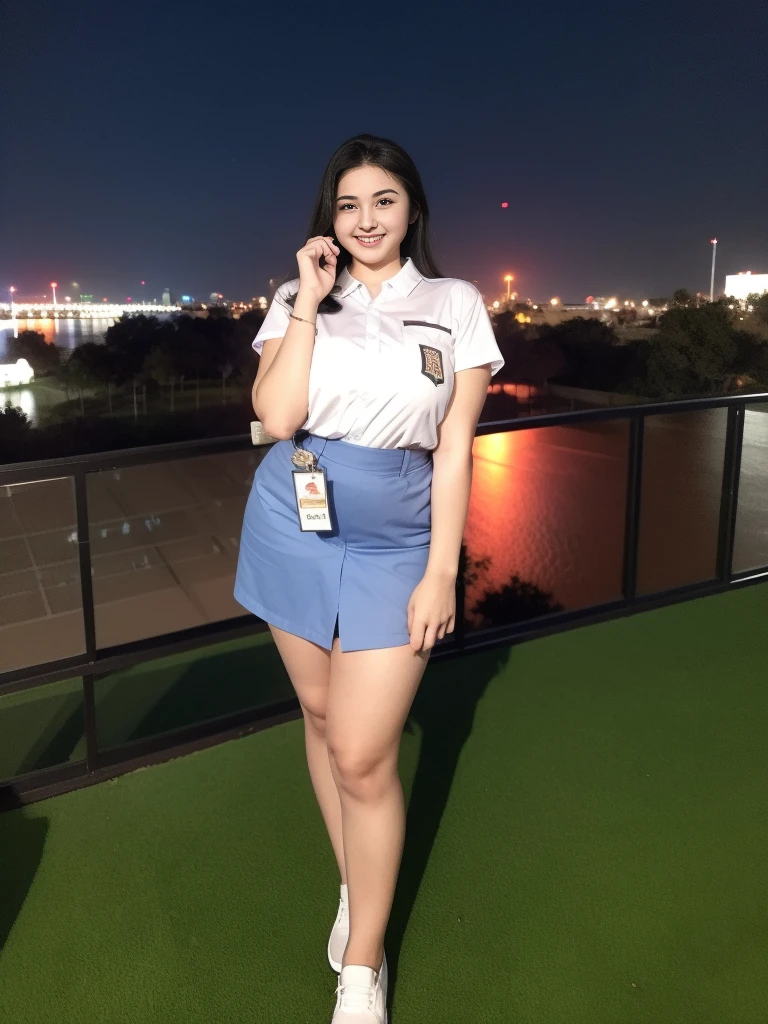 1girl, (uniform), standing, outdoors, night view, detailed Metropolitan city at the background, (Overhead view:1.2), (zoom out: 1.1), detailed face, cute little smile, detailed eyes, thick large breasts, smooth realistic skin, semi-curvy body, white shirt, grey blue short skirt, looking at the audience, (8k, RAW photo, best quality, masterpiece: 1.2), (realistic, realistic: 1.37), ultra-high resolution