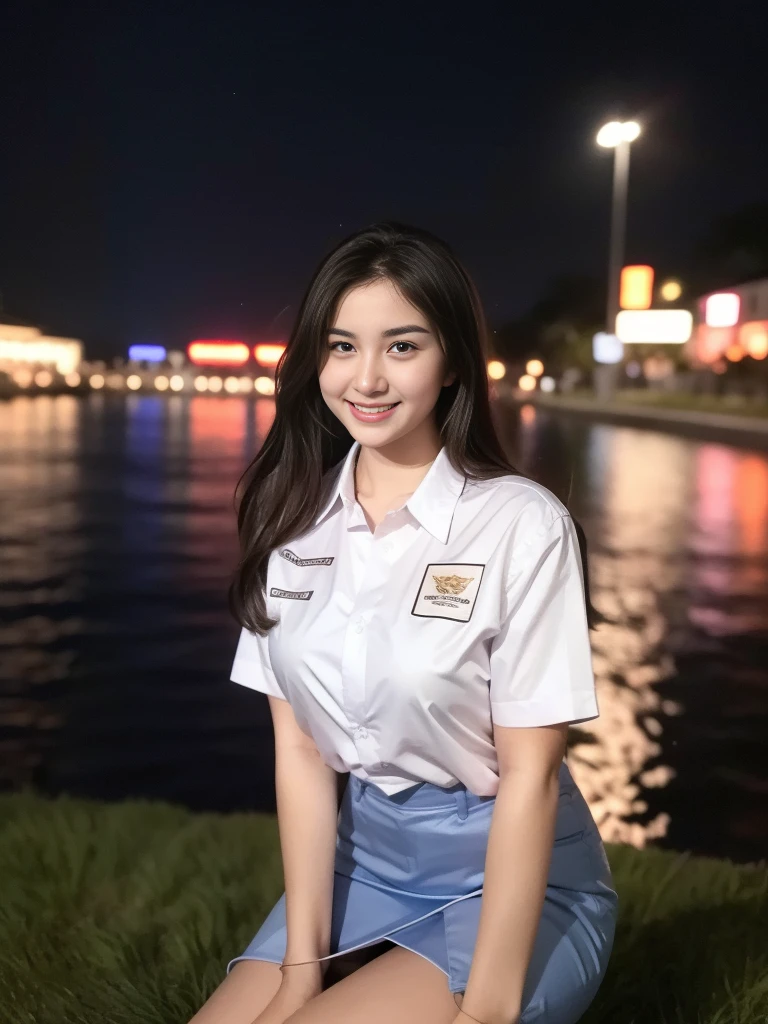 1girl, (uniform), standing, outdoors, night view, detailed Metropolitan city at the background, (Overhead view:1.2), (zoom out: 1.1), detailed face, cute little smile, detailed eyes, thick large , smooth realistic skin, semi-curvy body, white shirt, grey blue short skirt, looking at the audience, (8k, RAW photo, best quality, masterpiece: 1.2), (realistic, realistic: 1.37), ultra-high resolution