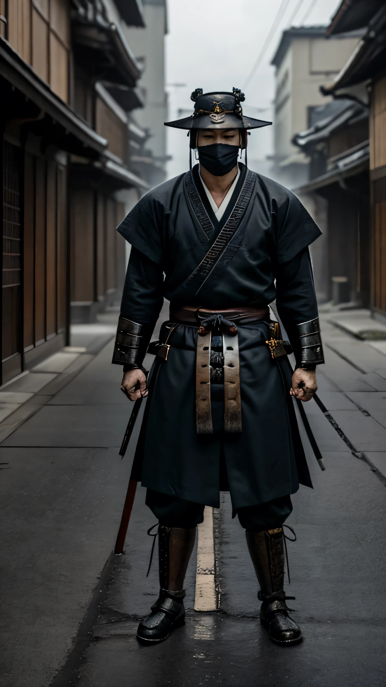 A virtuous Samurai, lost in time in a world of disorder; where principles, Values and good customs no longer exist and are no longer honors. sad and , Living According to His Moral Code, He continues his walk with his shoulders girded in deep spiritual depression
