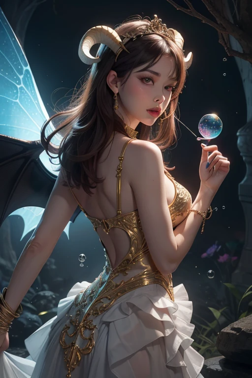 A painting of a woman in a dress blowing bubbles, Reusch and Wow, Mysterious Bubbles, Moebius + Reusch + Wow, Dreamy details, intricate Wow, A close-up fantasy using the magic of water, fairy tale artwork, Fairy tale painting, Anna Dittmann style, Wow art, Realistic fantasy painting, Artgerm Julie Bell Beeple,Erotic Succubus,goat horns on the head,Large bat wings on the back,Teeth visible from mouth,seductive attitude,