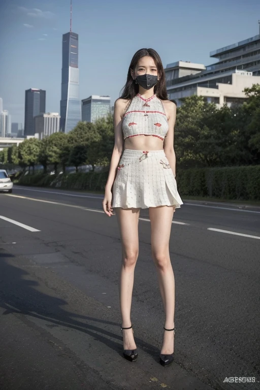 ((original photography:1.2)),Photographed by mobile phone,RAW photos,(masterpiece, Top quality, best quality,Official Art, beautiful and aesthetic:1.2),dark street corner,1 Girl,Fashion model,Standing in the strong wind, Perfect body,Full body portrait,Fashion的头发, Very long hair, delicate eyes, Side Light, Sweating,(With a mask), Huge breasts,Perfect abdominal muscles,Muscle lines,Fashion的服裝,Tight long skirt,(intricate costumes、embroidery、stripe、pattern、Fashion、Hollow),Long slender legs,Sexy high heels,Beijing TV Tower in the background