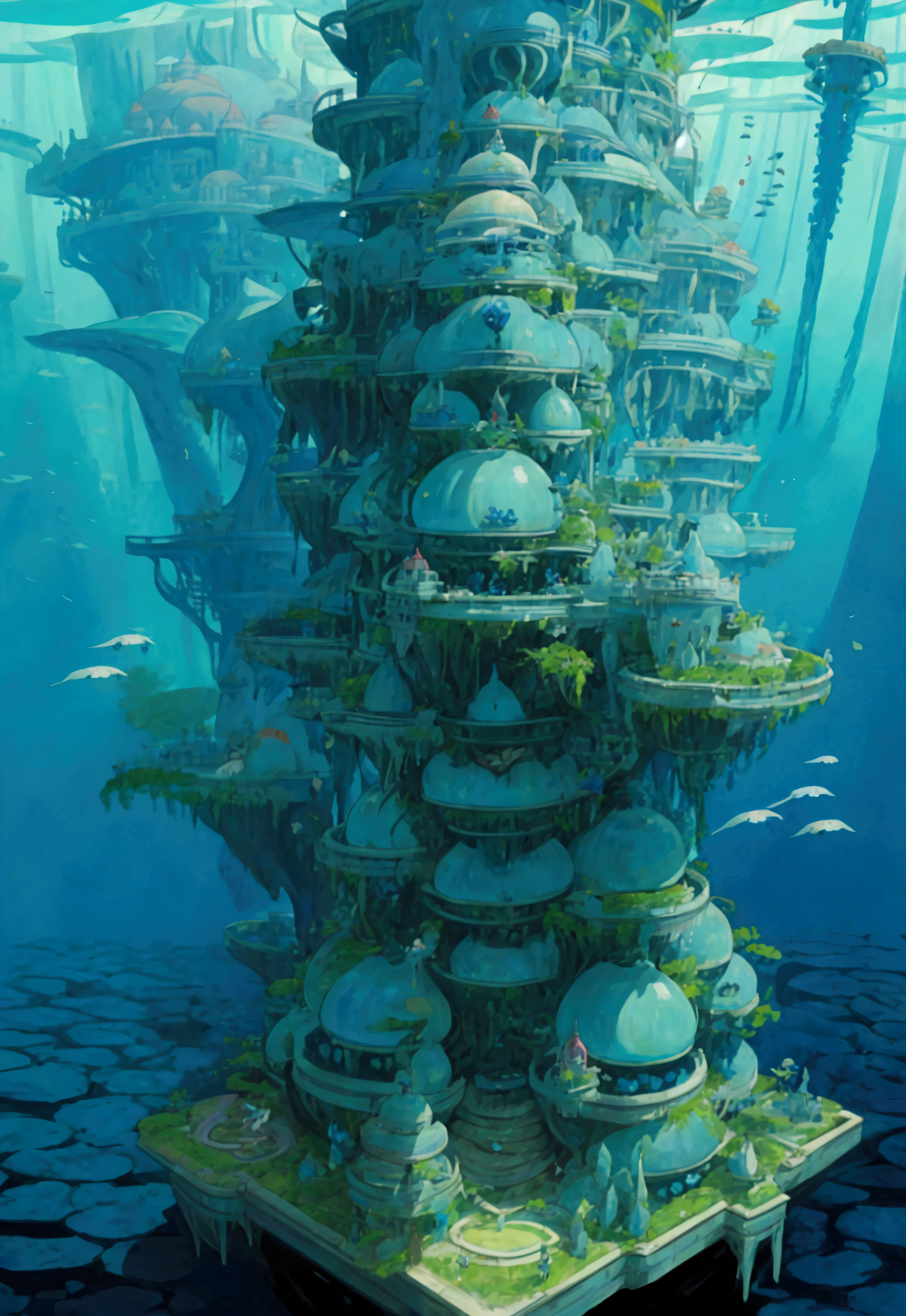 Vincent Callebaut style A futuristic fictional Underwater metropolis structure inspired from tamil architecture style underwater city,sci-fi nanowater ecosystem  flora , with thick genetically engineered forest Vegetation and foliage, farmlands and orchids, of  futuristic underwater fictional world of Kumari Kandam (Tamil: குமரிக்கண்டம், romanized: Kumarikkaṇṭam). in blue, red and Black colors