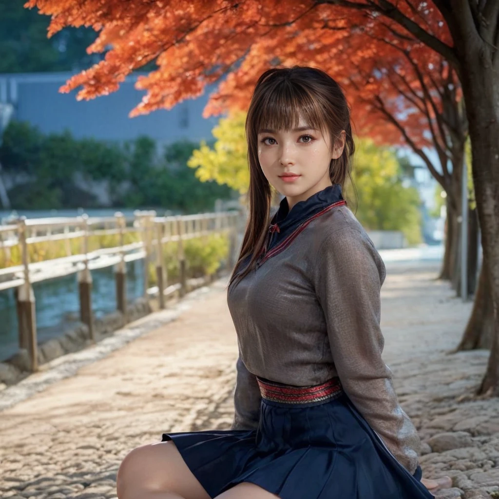 Kasumi, brown eyes, (best quality, ultra-detailed), (realistic:1.37), beautiful and detailed face, ultra-realistic texture, delicate face, delicate body, red lipstick, bright colors. High definition, 8K. expression giving a slight cute smile