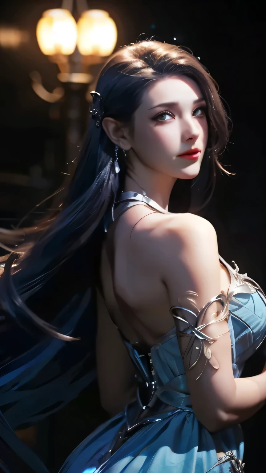 （realistic， high resolution：1.3）， 1 woman with a perfect body， Very detailed face and eyes，long hair， big girl，Revealing the rift 5)),, lightning, Hyper-realistic graphics, The most realistic graphics, 1 woman, alone, alone, very sharp, Surreal picture, naked, numberได้แต่งตัว, number.lift the body、Focus on big breasts、Tight waist、wide bottom、Tyndall Effect、Virtual image、(Highly detailed skins:1.2),long hair,Blue Hair,blue dress