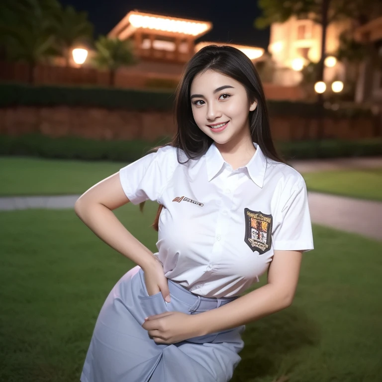 1girl, (uniform), standing, outdoors, night view, detailed Metropolitan city at the background, (Overhead view:1.2), (zoom out: 1.1), detailed face, cute little smile, detailed eyes, thick large breasts, smooth realistic skin, semi-curvy body, white shirt, grey blue short skirt, looking at the audience, (8k, RAW photo, best quality, masterpiece: 1.2), (realistic, realistic: 1.37), ultra-high resolution