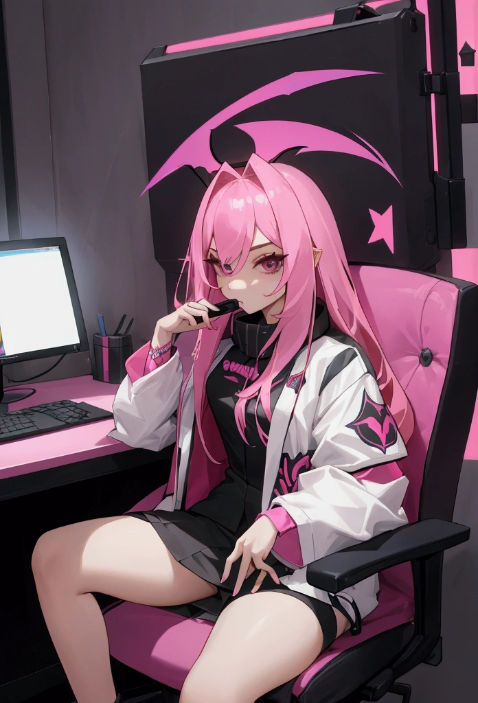 Full height, Young woman, Sitting on a computer chair, Young woman-streamer,streamer, Young woman геймер, Gamer's clothes, pink hair, demon cosplay, beautiful, Holding a phone in his hands, наушники streamerа, succubus cosplay,