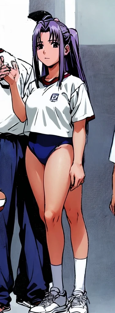 Momoko Koigakubo, with her beautiful legs, stands in a white gym uniform and light navy blue bloomers that look like panties.。Momoko Koigakubo is holding the shoulders of a boy wearing a tracksuit。