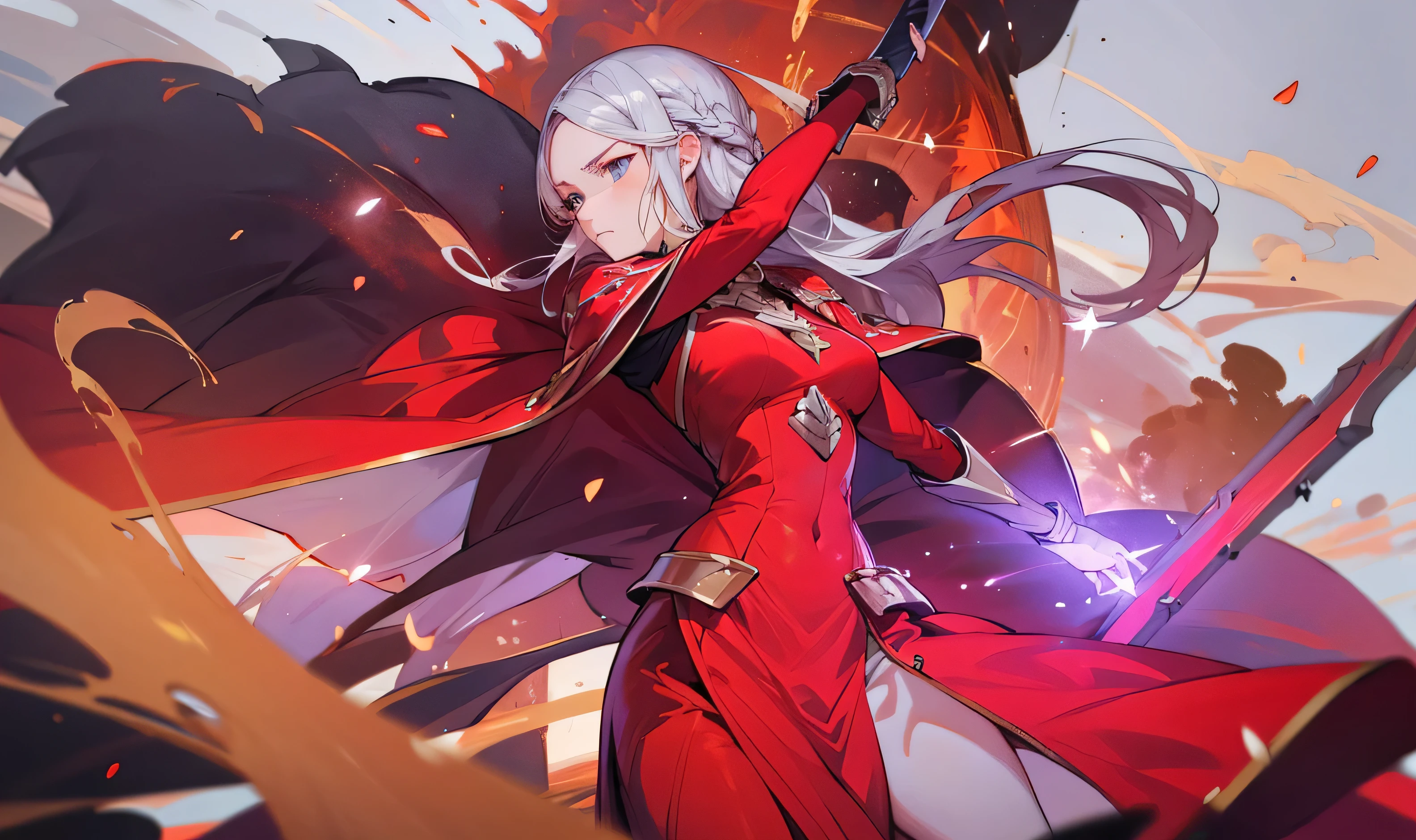 Edelgard ((Fire_Emblem)), big red dress, glowing sword, burning fire, red color, fiery red, 1female, silver hair, detailed hair, beautiful face, perfect face, big breasts, perfect body, best quality, 8k, refracted light, battle atmosphere, black particles, destruction, injured body, best quality, best resolution, anti-defect, serious face.