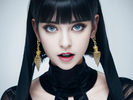 Attractive girl with big blue eyes, White skin, eyeliner and open mouth showing vampire fangs, short black hair with bob style bangs voluminous lips thin nose image 1.2 High Resolution 12k Gothic Makeup Fanart Awesome
