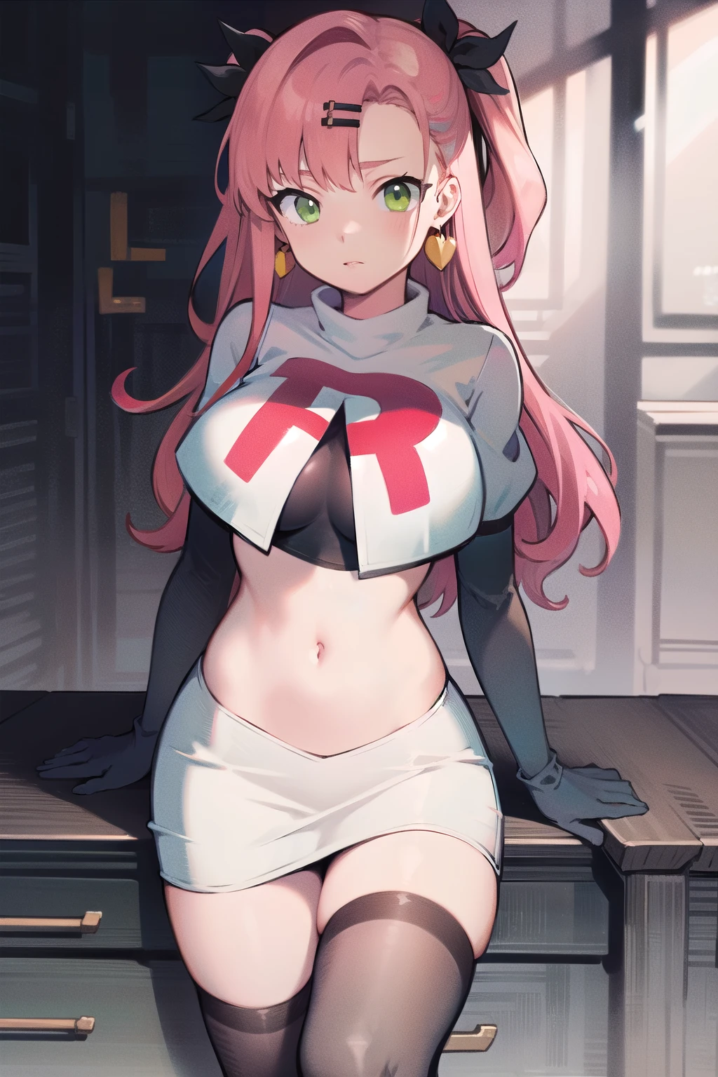 masterpiece, best quality, ultra-detailed, extremely detailed,illustration, 1girl, nicole demara,green eyes, hair ribbon, hairclip, earrings, doll, cowboy shot, team rocket,team rocket uniform,white skirt,red letter R,crop top,black thigh-highs,black elbow gloves