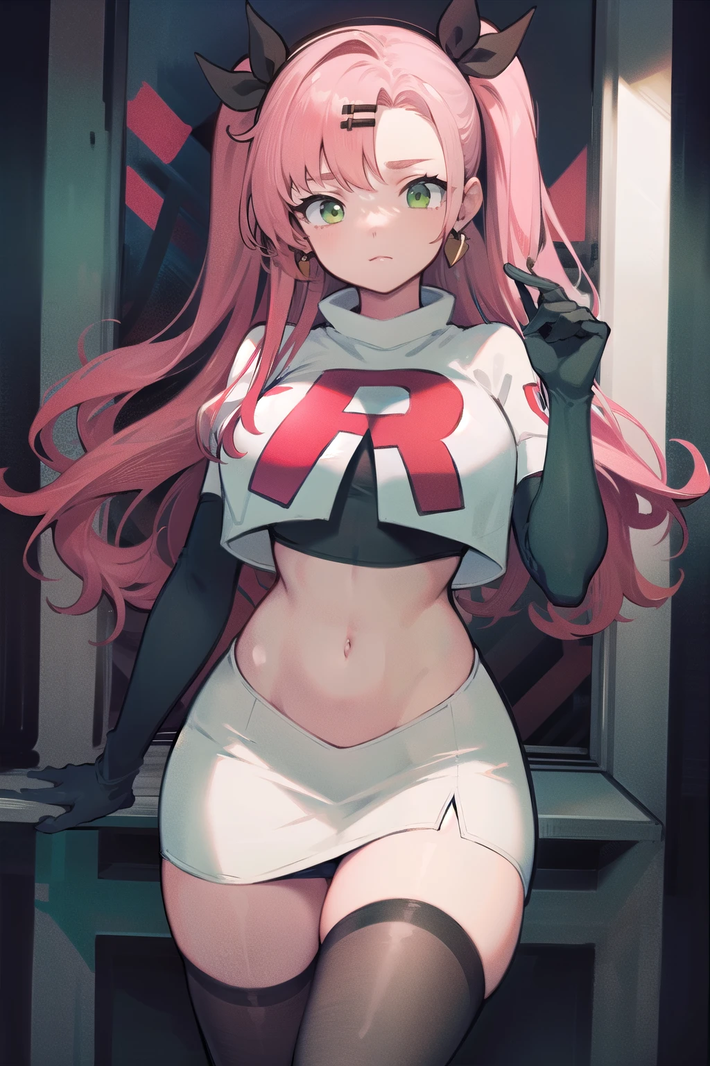 masterpiece, best quality, ultra-detailed, extremely detailed,illustration, 1girl, nicole demara,green eyes, hair ribbon, hairclip, earrings, doll, cowboy shot, team rocket,team rocket uniform,white skirt,red letter R,crop top,black thigh-highs,black elbow gloves