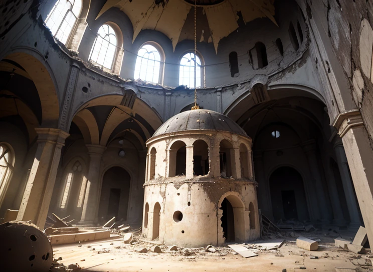((Destroyed)) Orthodox church interior , (underground), round, ((hole in the ceiling)), (Serious damage), round columns, light from above