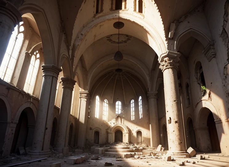 ((Destroyed)) Orthodox church interior , (underground), round, ((hole in the ceiling)), (Serious damage), round columns, light from above