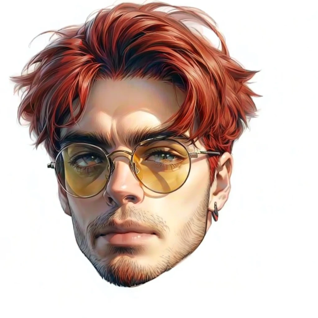a close-up of a red-haired man and glasses, anime art style