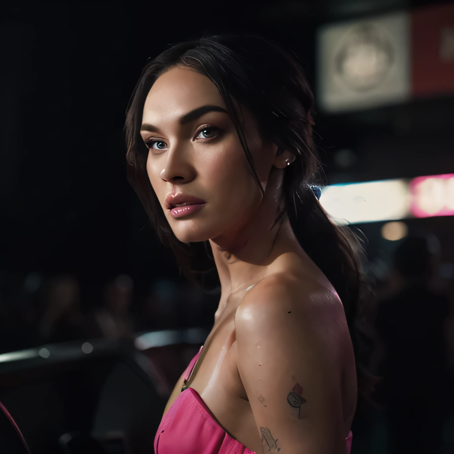 a beautiful megan fox, dramatic nightclub scene, dramatic lighting, high contrast, chiaroscuro, dynamic pose, Pink koktail dress , glowing skin, detailed facial features, sultry expression, neon lights, hazy atmosphere, ultrasharp, 8k, photorealistic, cinematic, dramatic colors, moody, mesmerizing