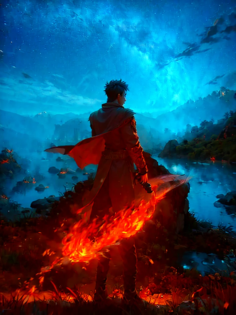a male hero who goes on an adventure accompanied by a red dragon covered in an aura of fire all over his body, with a view on a dusk hill, with the concept of landscape, painting, water color art, digital drawing,