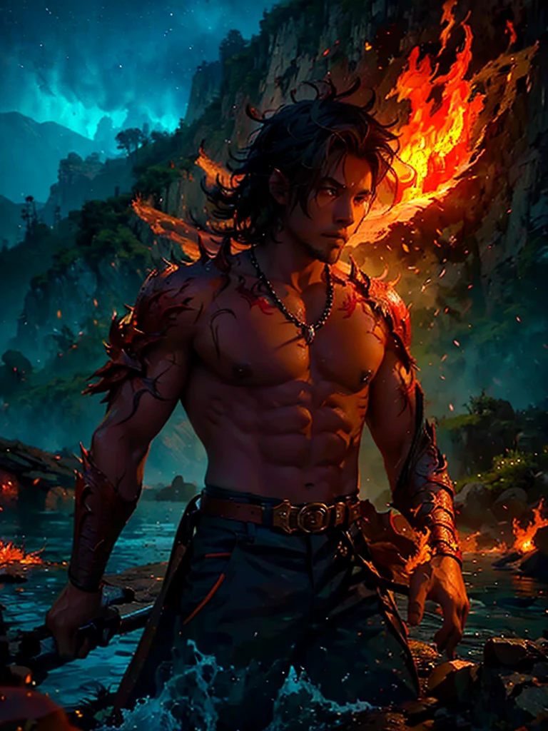 a male hero who goes on an adventure accompanied by a red dragon covered in an aura of fire all over his body, with a view on a dusk hill, with the concept of landscape, painting, water color art, digital drawing,