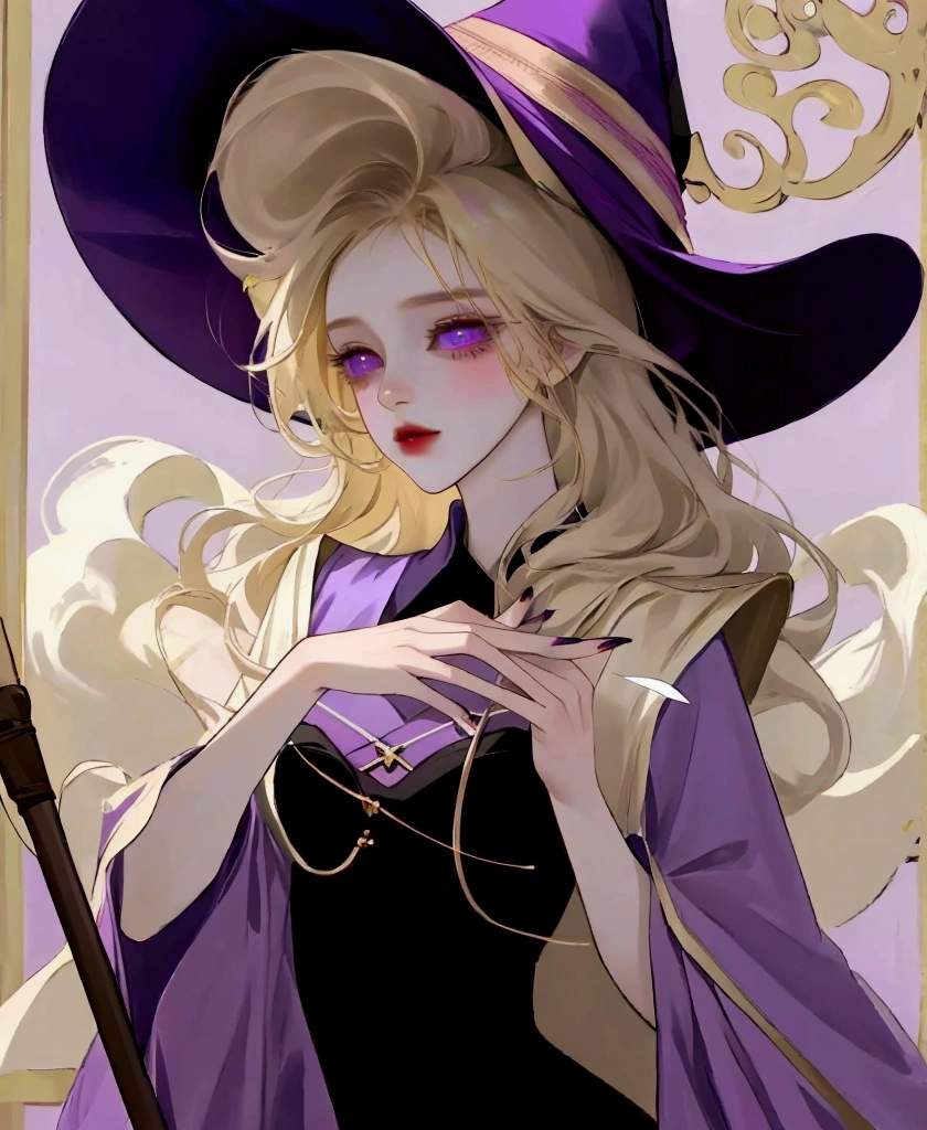 2 girls, long, light blonde hair, slim, expressive purple eyes, well designed hands, purity, witch, pale, breasts big, Waist slender, looks 20 years old, melancholy, long nails, full body image, She standing holding a cauldron with glowing smoke, purple hues, wearing many jewelry, Legs long, tight black dress, High Heeled Boots, yuri manga