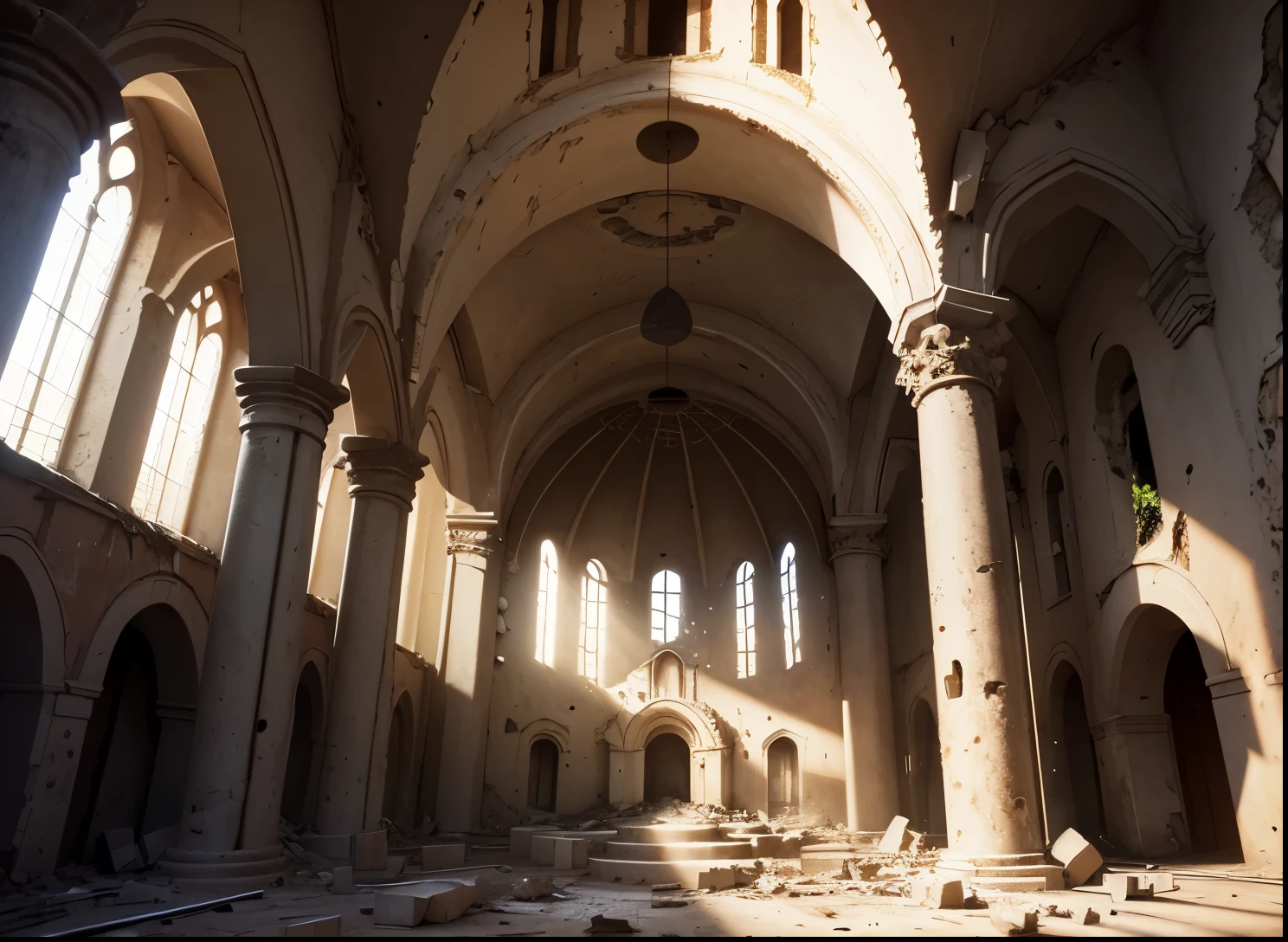 ((Destroyed)) Orthodox church interior , (underground), round, ((hole in the ceiling)), (Serious damage), round columns, light from above