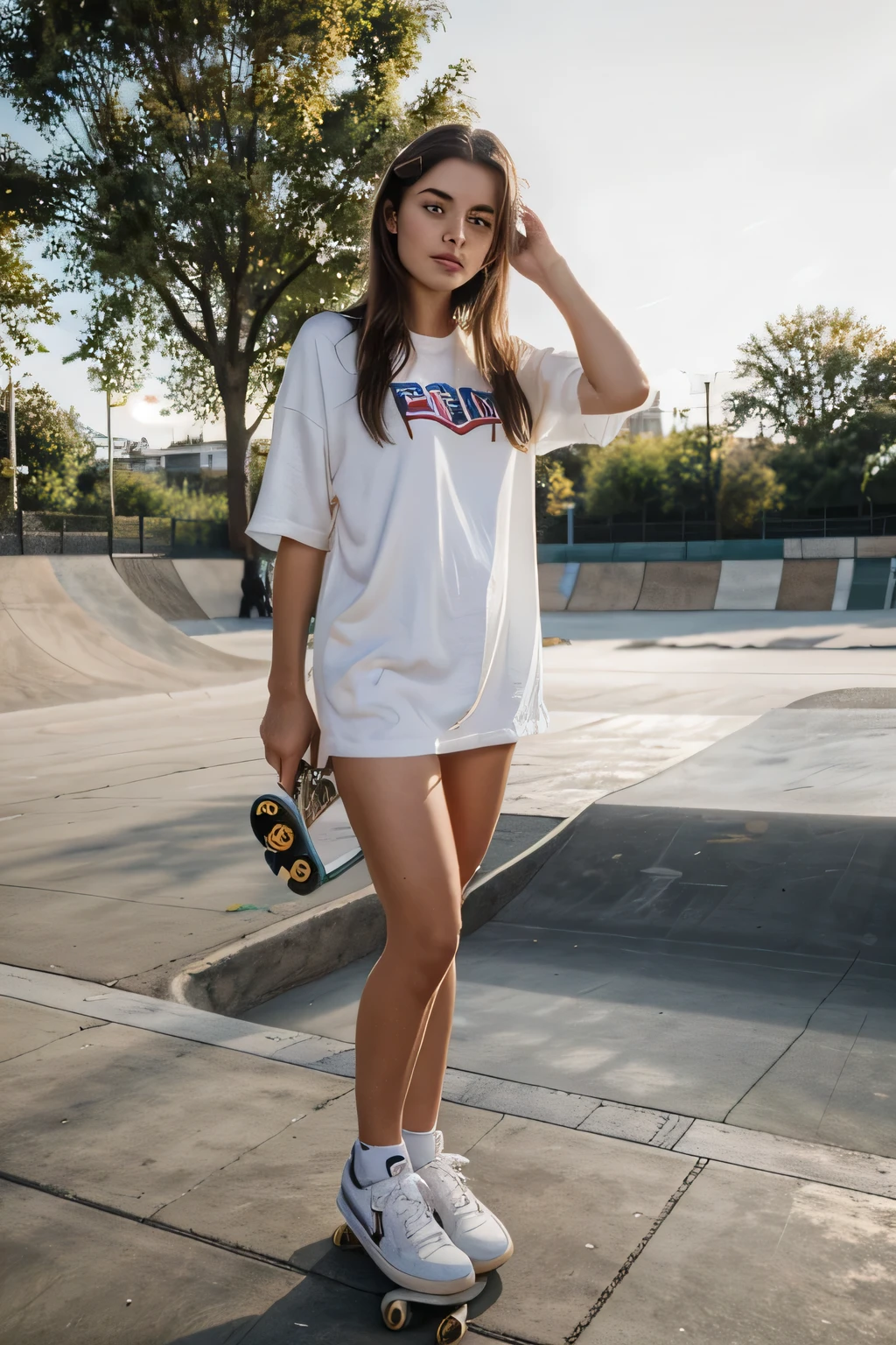Beautiful European woman in her 20s., whole body, On a skateboard, dressed casually, in white sneakers, at the skateboard park, At noon, background, Very detailed , maximum quality
