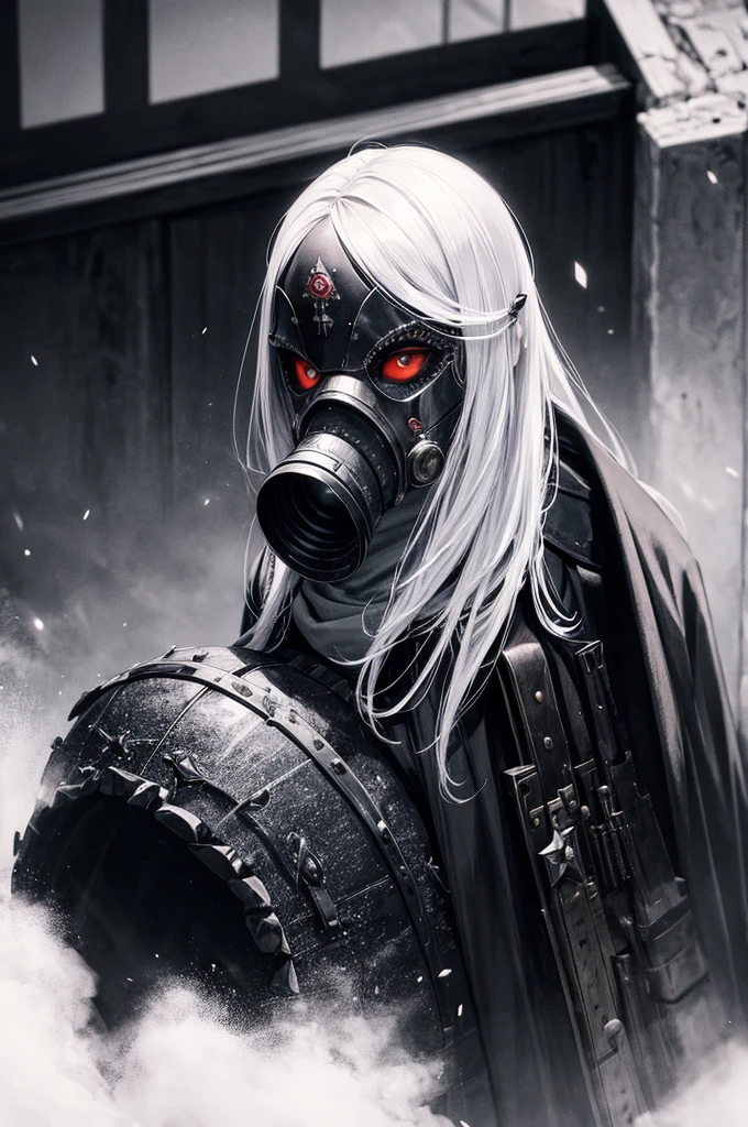 a fierce monarch ruler, piercing red eyes, hair of white silk, Cold War white raven gas masks, ww1, ww2, military uniform, gas mask with a beak, highly detailed, photorealistic, 8k, masterpiece, dramatic lighting, cinematic, dark fantasy, dramatic, moody, gritty, cold colors, muted palette, chiaroscuro, dramatic shadows, powerful, imposing, authoritarian, dystopian, post-apocalyptic, royalty, powerful
