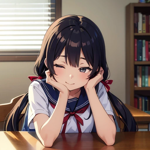 1girl, 16yo, (sitting on chair),
(leaning forward, bend over), head tilt,
(lie face down on desk:1.6),
(arms down:1.2), arms on the desk, hands on the desk, hands in front, arms in front,
dynamic pose,
(closed eyes), happy smile,
indoors, (electric fan), desk, chair, library,
comfortable temperature, (black hair, very long hair), (low twintails:1.2), low pigtails, red hair ribbon,
navy-blue collar, white serafuku with blue ribbon, navy-blue skirt,
(dark brown eye), upper body,
afternoon, summer,
from front, (from above:0.5),
high brightness, detailed face, detailed eyes,
(high quality, ultra detailed, masterpiece, super detail, highres, anatomically correct, UHD),
Japanese anime style, extremely cute, good hands, good fingers