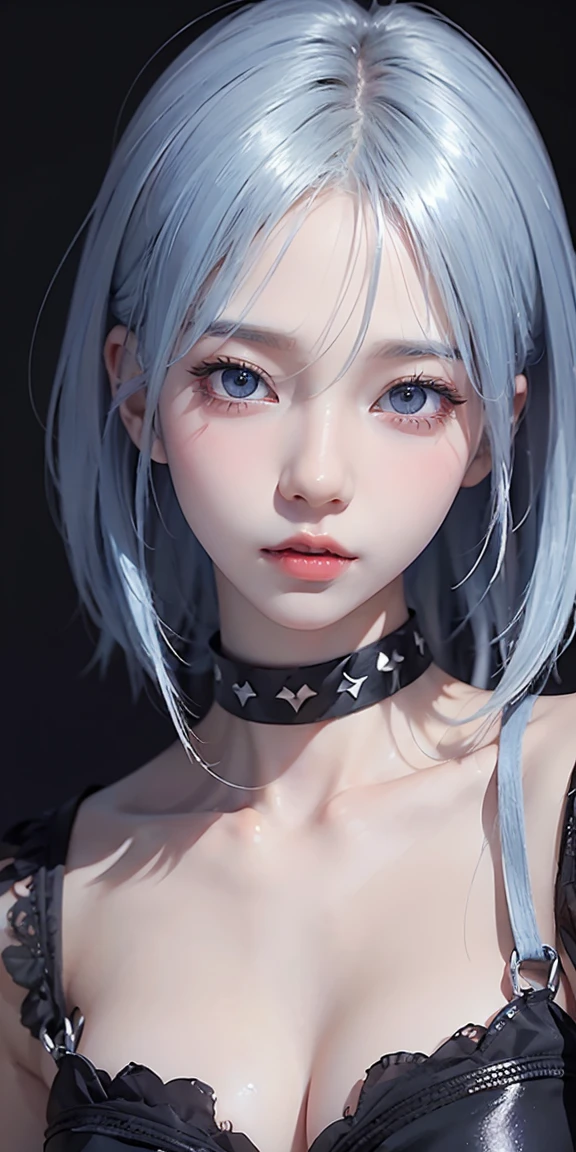 a close up of a woman with blue hair and a black top, realistic anime art style, artwork in the style of guweiz, realistic anime 3 d style, inspired by Yanjun Cheng, beautiful anime portrait, beautiful anime style, stunning anime face portrait, girl silver hair, realistic anime artstyle, 🤤 girl portrait, kawaii realistic portrait, anime realism style