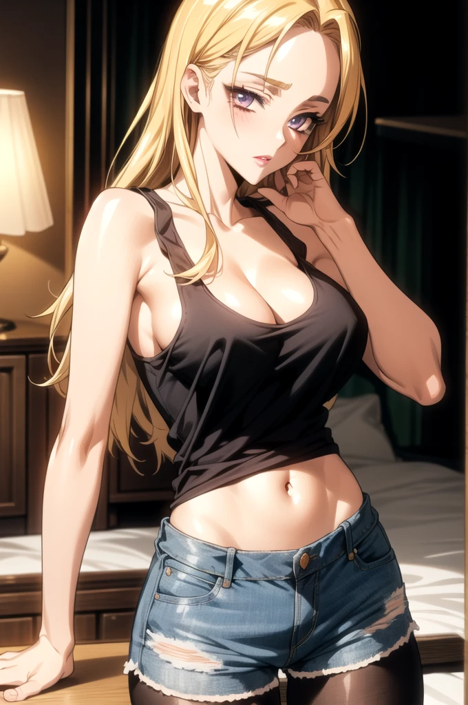 Masterpiece,Highest quality,8k,Ultra-high resolution,appropriate margins,lighting,Photograph the whole body,BREAK,1 person,Very beautiful adult woman,Slim body,Very ample large breasts,Deep cleavage,Moisturized Skin,BREAK,(Golden Hair),Forehead,mascara,Red eyeliner,Light pink lip,Thin teak,Thin eyebrows,BREAK,Light purple eyes,BREAK,Cute expression,BREAK,Long Hair,Half Up,BREAK,(Tank top),(Denim shorts),(black tights),BREAK,Eye contact
