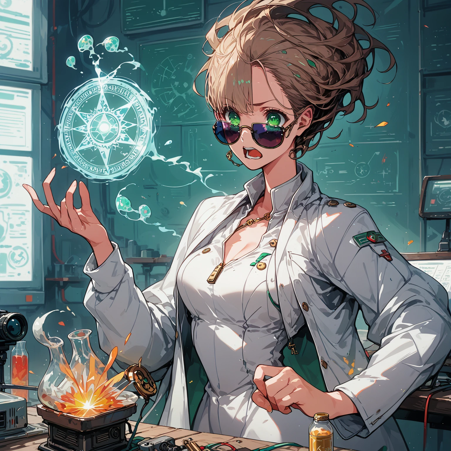 a very beautiful woman , random hair style, form-fitting suit, white lab coat, sunglasses, green eyes, in a laboratory, chemicals on the table, boiling potions, wearing sun glasses, she has the super power alchemize, she can turn wood to metal, and rubber into gold, her expression is Confused/Puzzled: Squinted eyes, raised eyebrow, tilted head, slightly open mouth, magic circle, magic power, casting spell, metal rod, gold and other tiny substances floating around her, (nude:0.9), detailed gorgeous face| anime style| key visual| intricate detail| highly detailed| breathtaking| vibrant| panoramic| cinematic| Carne Griffiths| Conrad Roset| gibbli 8k