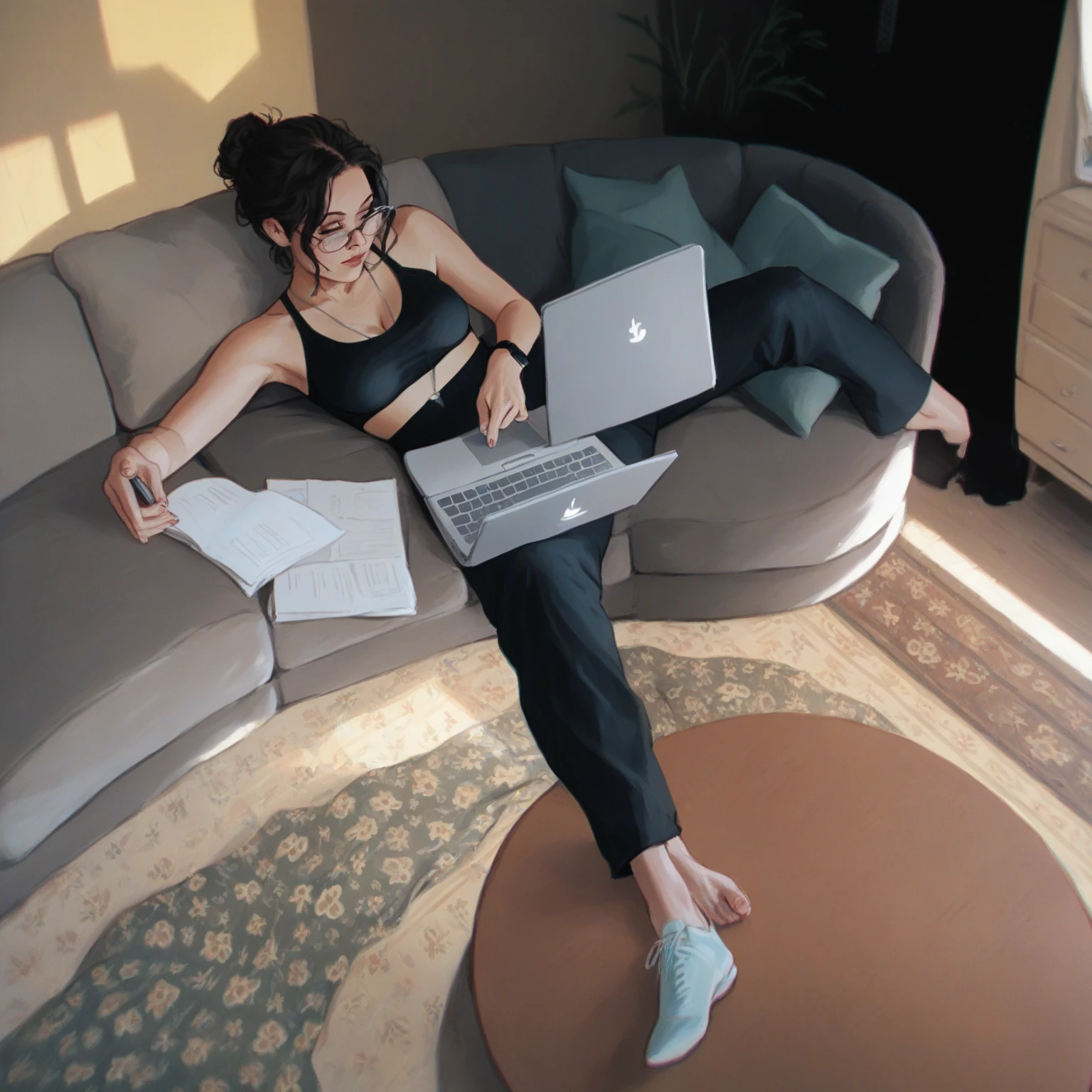 woman sitting on the sofa with a laptop and papers on her lap, trying to study, studying in the bedroom, working on his laptop, studying, relaxing after a hard day, studying in a brightly lit room, candid photo of Gal Gadot, sitting in his room, workout, installing, sitting in the living room, diligent, elegant office, To work hard