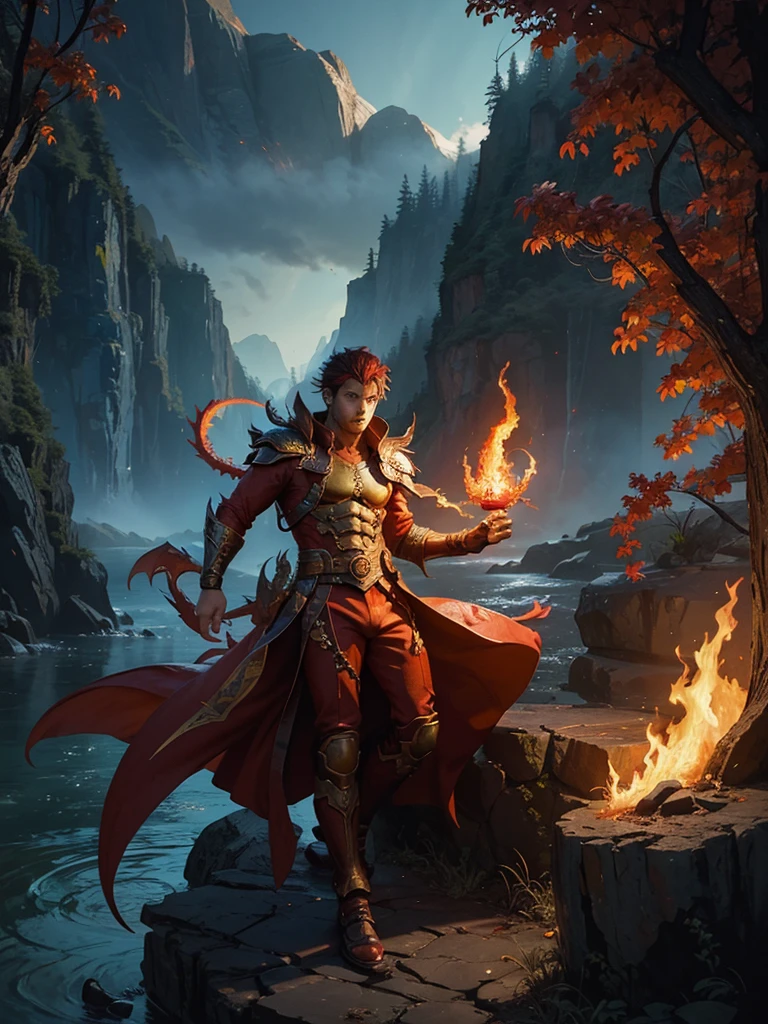 a male hero who goes on an adventure accompanied by a red dragon covered in an aura of fire all over his body, with a view on a dusk hill, with the concept of landscape, painting, water color art, digital drawing,