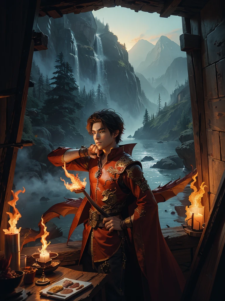 a male hero who goes on an adventure accompanied by a red dragon covered in an aura of fire all over his body, with a view on a dusk hill, with the concept of landscape, painting, water color art, digital drawing,