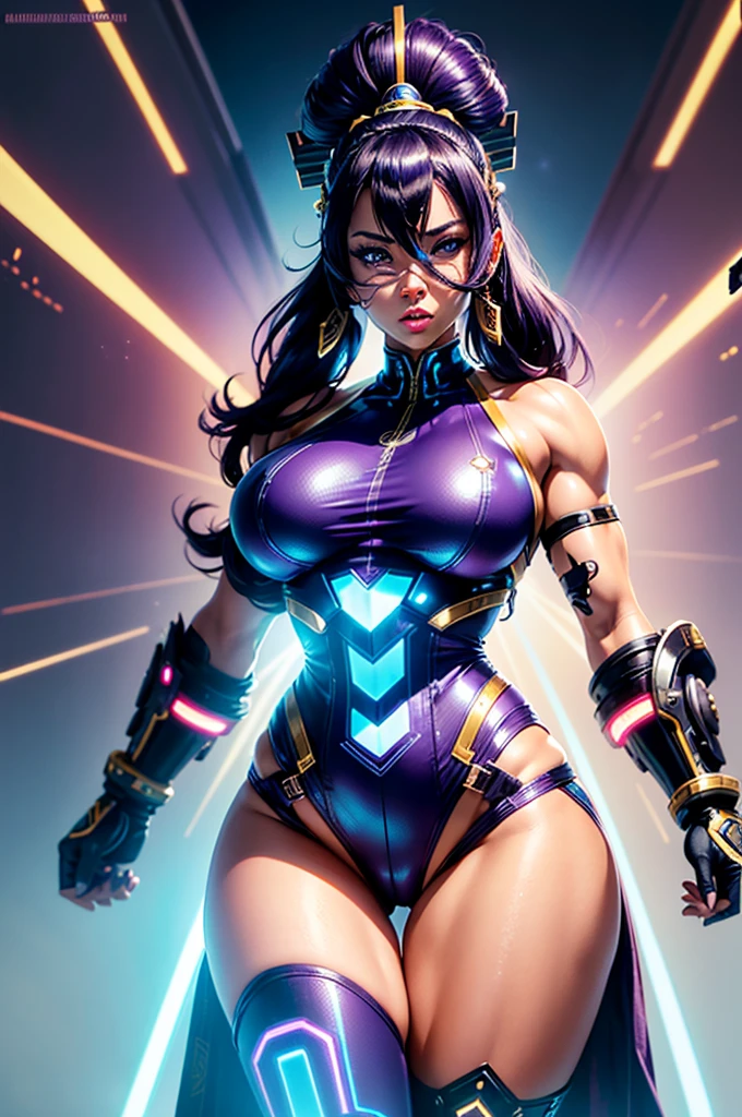 A perfect sexy and beautiful, exuberant and very young cybernetic android warrior with black African and oriental features, Japanese and Chinese, mixed with the clone of the Greek warrior goddess Athena, with huge super ultra mega giant breasts, Brunetette, very tanned and sweaty, huge  ass, steep, HARD AND MUSCULOUS, Purple colored eyes, transformed into a super sensual and extremely super ULTRA HIPER muscular astronaut goddess, fitness, bodybuilder, fit bodybuilder and weightlifter, very muscular thighs wearing very short punk style hair, super radical and purple and very smooth in locks, wearing sexy cyberpunk battle outfits, seen in the form of a hologram made only of light energy, coastal view, administrator and leader, queen goddess of a gigantic fleet of thousands of spaceships and hundreds of planets of her powerful stellar empire running courageously across the bridge of a star cruiser wearing a holographic helmet in the Corinthian battle format with a visor and horsehair topknot, of luminous Athenian warrior, electronic and futuristic