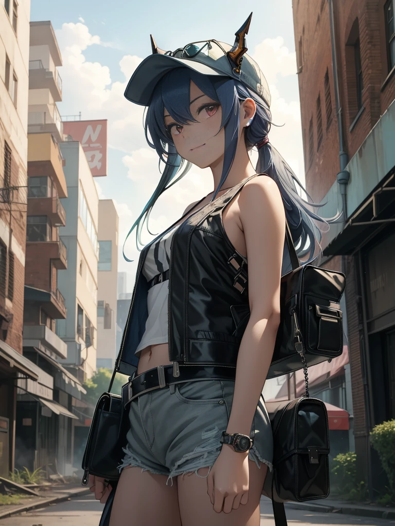 masterpiece, Best quality,1 girl, (watercolor painting):1.2,pencil sketch,break, long hair,blue hair,Red eyes,break White tank top,denim shorts, fingerless gloves, (Work boots),hip-hop, Punk look, chain, dark brown leather jacket,inexpressive,small smile,break photorealistic image of a young girl, Chen, rides his vintage black 1970s style motorcycle through the ruins of an abandoned city at dusk. The scene captures her in a cowboy shot, driving intently through the decaying urban landscape. The ruins are filled with destroyed buildings., overgrown vegetation, and scatteКрасный debris, creating a sharp contrast with a magical glow, coming from her motorcycle.. Chen is in side profile, focused on my path, ее длинные blue hair струятся позади нее. The background conveys a sense of devastation and mystery., improvement of the post-apocalyptic fantasy setting.breakmasterpiece, Best quality, Ultra detailed, a high resolution,4K,(ultra detailed:1.4), newest,breakduch angle,cowboy shot,