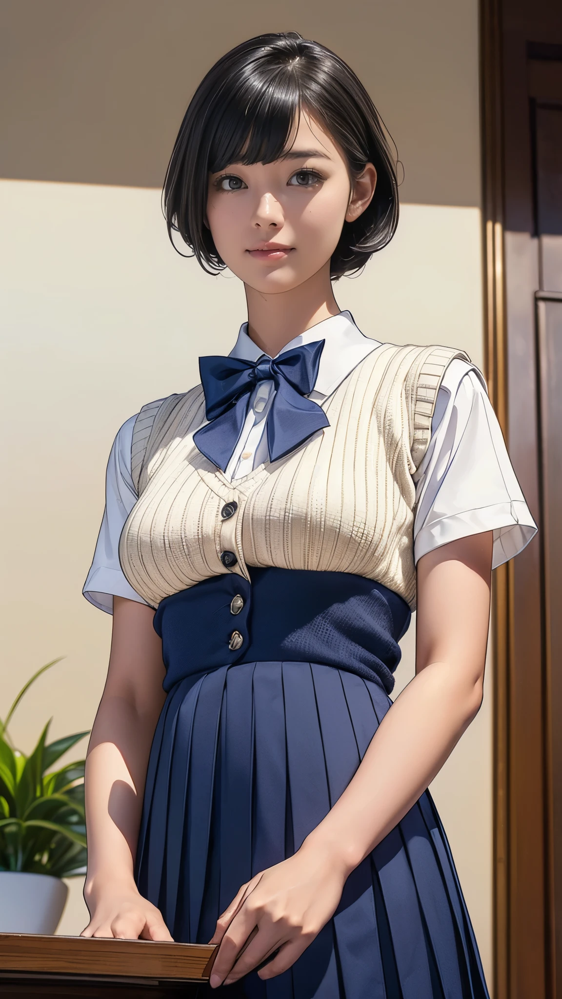 (masterpiece:1.2, Highest quality), (Realistic, photoRealistic:1.4), (Large Breasts:1.5, Saggy breasts:1.3), Beautiful illustrations, (Natural Side Lighting, Cinema Lighting), Written boundary depth, Looking at the audience, (Face Focus, Upper Body), Front view, 1 girl, Japanese, Elementary school girl, 10 years old, Perfect Face, Symmetrical cute face, Glowing Skin, (Bob Hair:1.7,Black Hair), Asymmetrical bangs, Big eyes, Droopy eyes, long eyelashes chest), thin, Beautiful Hair, Beautiful Face, Beautiful and beautiful eyes, Beautiful clavicle, Beautiful body, Beautiful breasts, Beautiful thighs, Beautiful legs, Beautiful fingers, ((Quality fabric texture, brown knit vest, Short sleeve white collar shirt, Navy Pleated Skirt, Navy bow tie)), (Beautiful views), evening, (Inside the flower shop), Are standing, (smile, Superior, Open your mouth), (From below:1.5),(Poor visibility:1.5), (From below)
