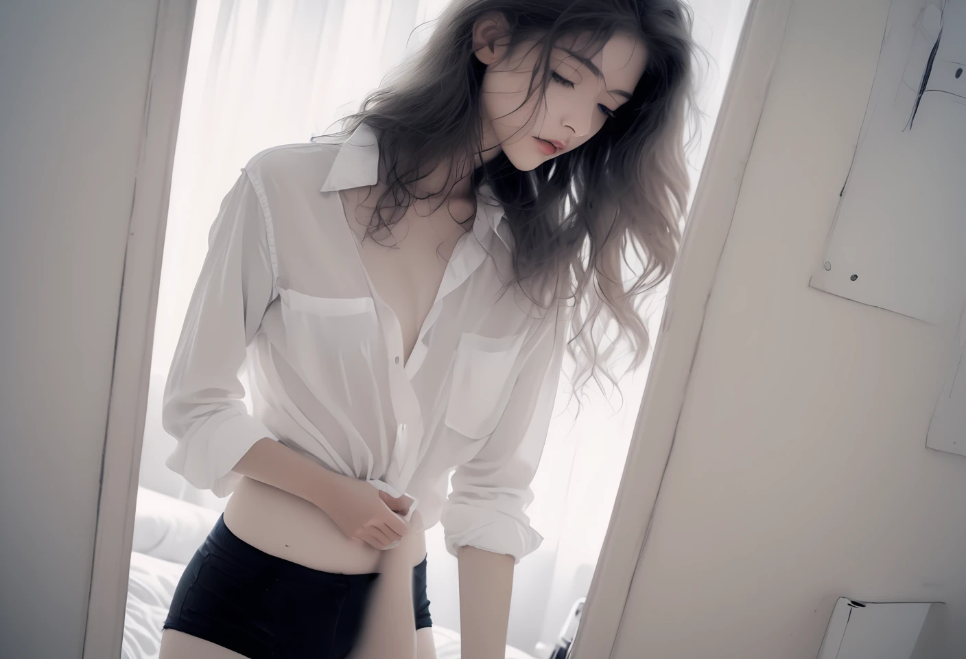 (Soft Lighting Photography by Mimoza Veliu and Mario Giacomelli:1.2), NSFW, photorealistic, Kpop idol, a beautiful 20-year old girl, trying to get dressed before going out for a date, long hairs, 4k, high-res, masterpiece, best quality,(polaroid photography:1.5), finely detailed skin, sharp focus, (at night, low light, overexposure), dynamic angle, detailed face:1.2, fitting room, small breasts, full body, unbuttoned white shirt:1.4, exposed breasts, panty drop or pull,