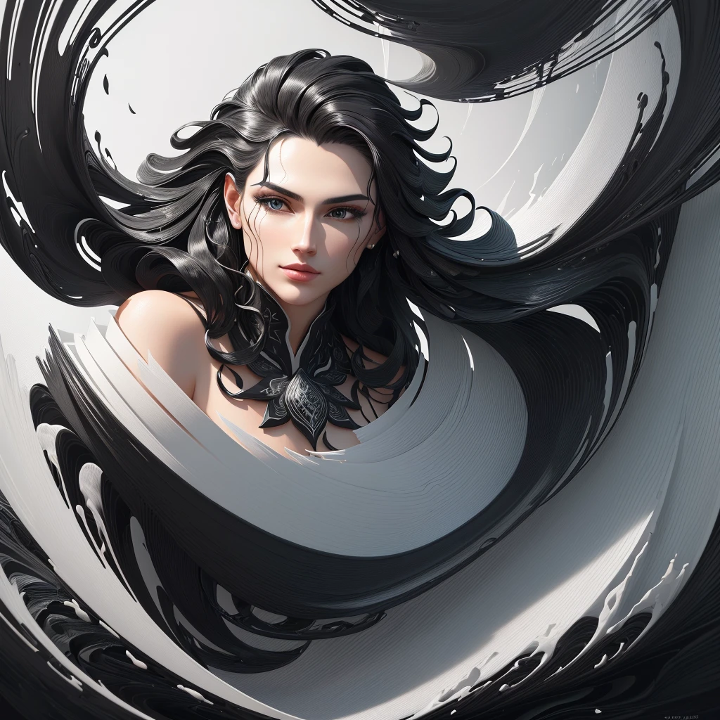 Use the description below for the background: "a close-up of a black and white abstract painting with waves, layered paper art, 3d abstract art, digital matte black paper art, generative art, paper art, highly detailed generative art, Flowing forms, Digital art with incredible detail, great digital art with details, intricate flowing paint, silk cloth with carved marble texture, flowing material, complex digital painting", after the creation of the fund creates a male Greek war statue
