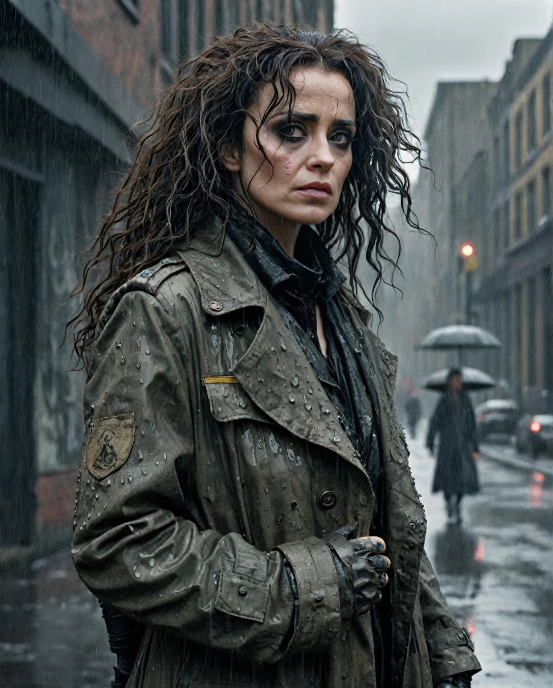 photorealism, hyperrealism, cinematic, A stunning street style portrait of a rugged post-apocalyptic, of BELLATRIX LESTRANGE, braving the elements. Dressed in traditional costume with military camouflage details with a worn texture, he stands against a desolate urban backdrop. Rain falls, creating a cinematic atmosphere as the drops hit the surface of the coat. Intricate details such as patched repairs and buckled straps accentuate the character's resilience and resourcefulness. The scene is captured in a high-contrast, emphasizing the interplay of light and shadows.