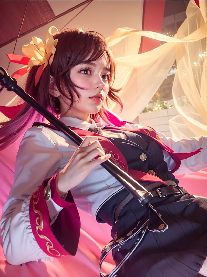 ((Best of the highest quality, 8k, Masterpiece: 1.3, raw photo)), Sharp focus: 1.2, (1 AESPA girl: 1.1), (Solo: 1.18), (realistic, photo-realistic:1.37), face focus, cute face, finely eyes, (Small breasts, flat chest, Thigh: 1.3), (wearing blazer dress:1.32), (multilayer-skirt), ((ribbon, frills):1.38), (thigh boots:1.2), short messy hair, updo, (sitting on bed, from below, garden: 1.32)